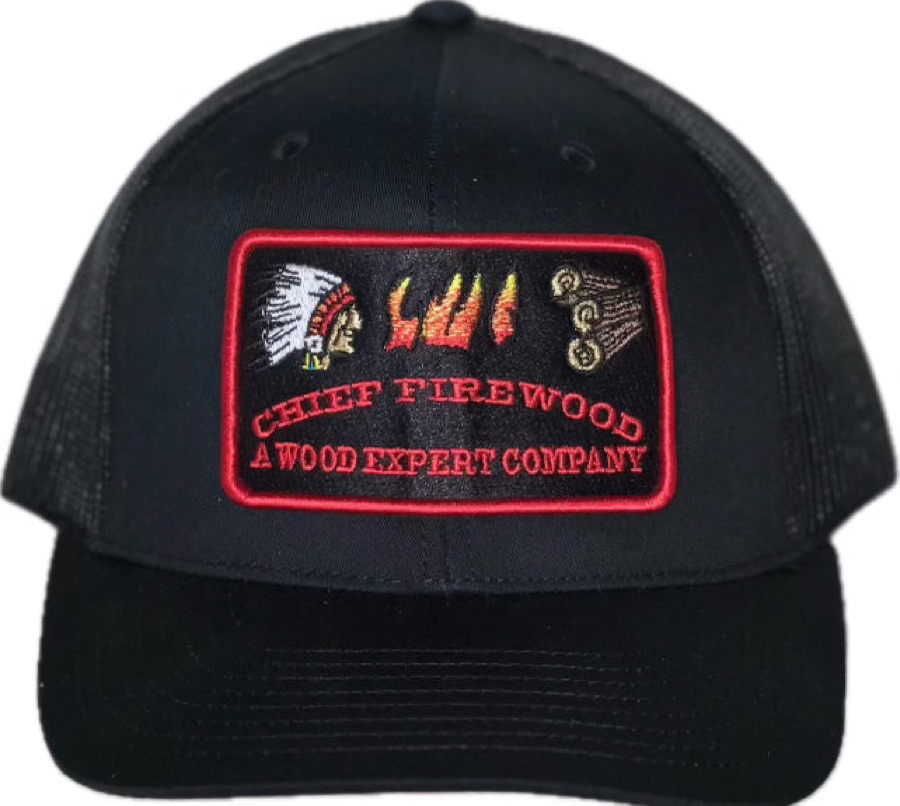 Black hat with red embroidered patch, black mesh backing,
